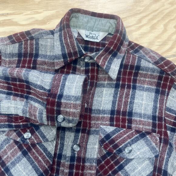 Vintage Woolrich Wool Burgundy Plaid Flannel Shirt Men’s Small Utility USA Made - Picture 1 of 13